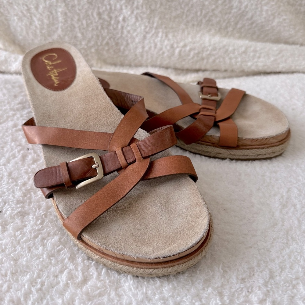 Cole Haan Tan Brown Leather Buckle Strap Slip On Sandals